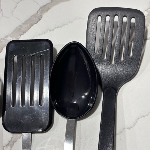 Stainless Steel Black Plastic Serving Utensils 5 Piece Set Spoons Ladle + Turner - Picture 6 of 11